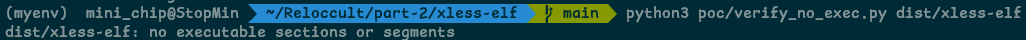 The xless-elf verifier confirms that the main image has no executable sections or segments